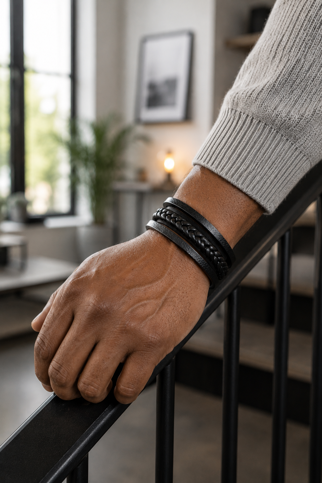 Melicio – Meerlaagse herenarmband van PU-leer – Gevlochten design – Alle seizoenen