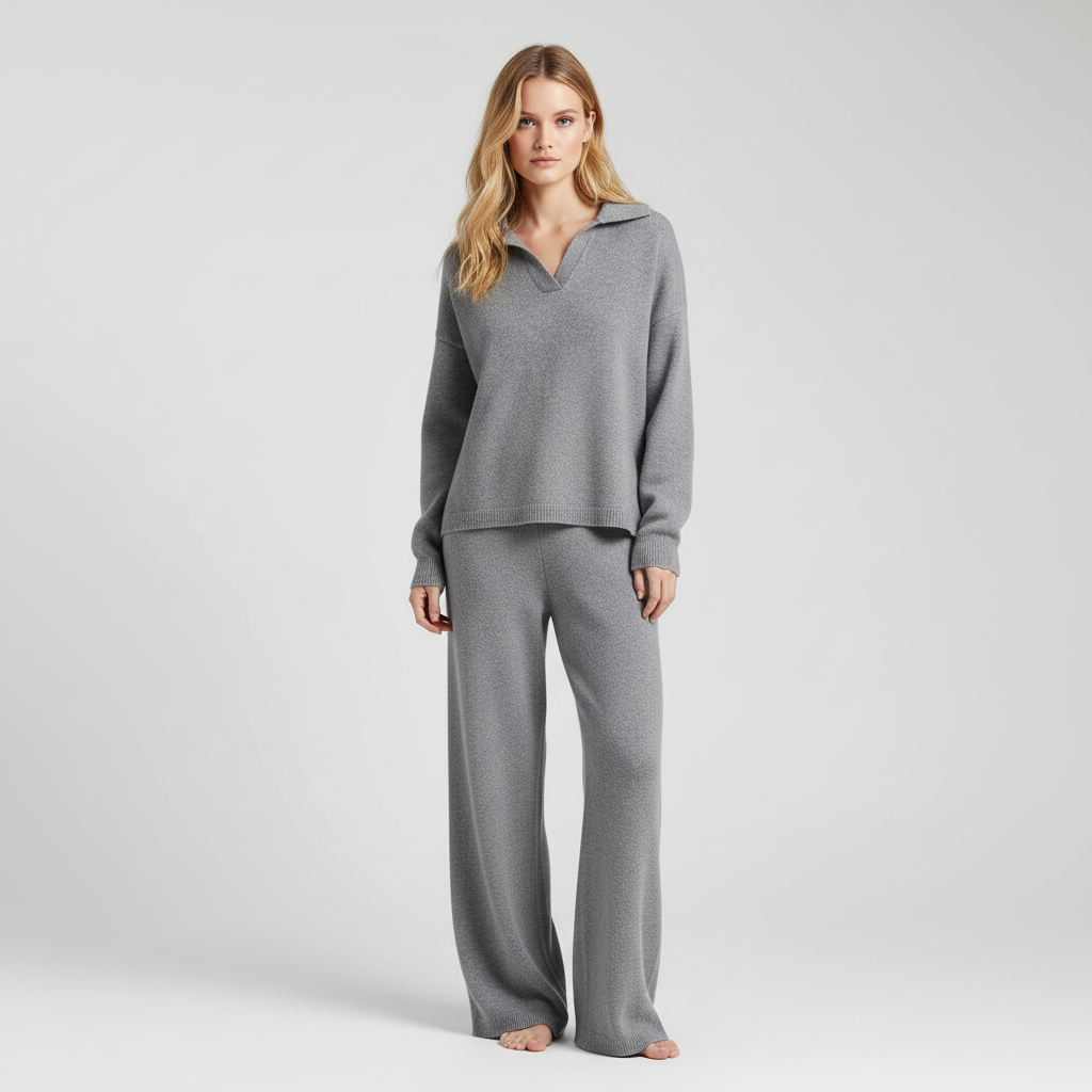 Femka – Dames gebreide loungewear set met polokraag – Alle seizoenen