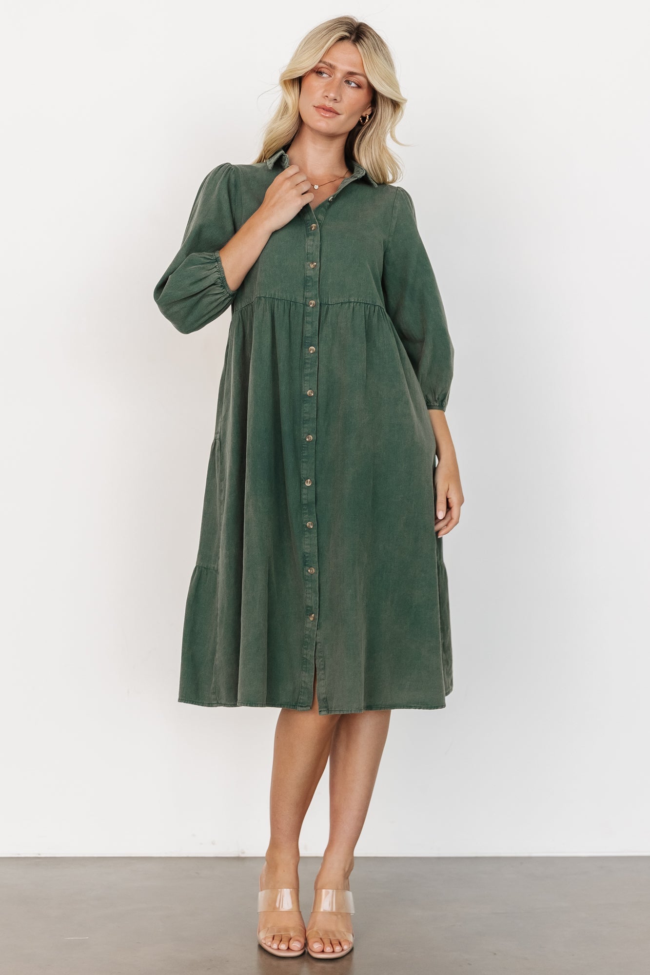 Annie - midi-jurk met knoopsluiting aan de voorkant en lange mouwen - Katoen - Lente / Zomer