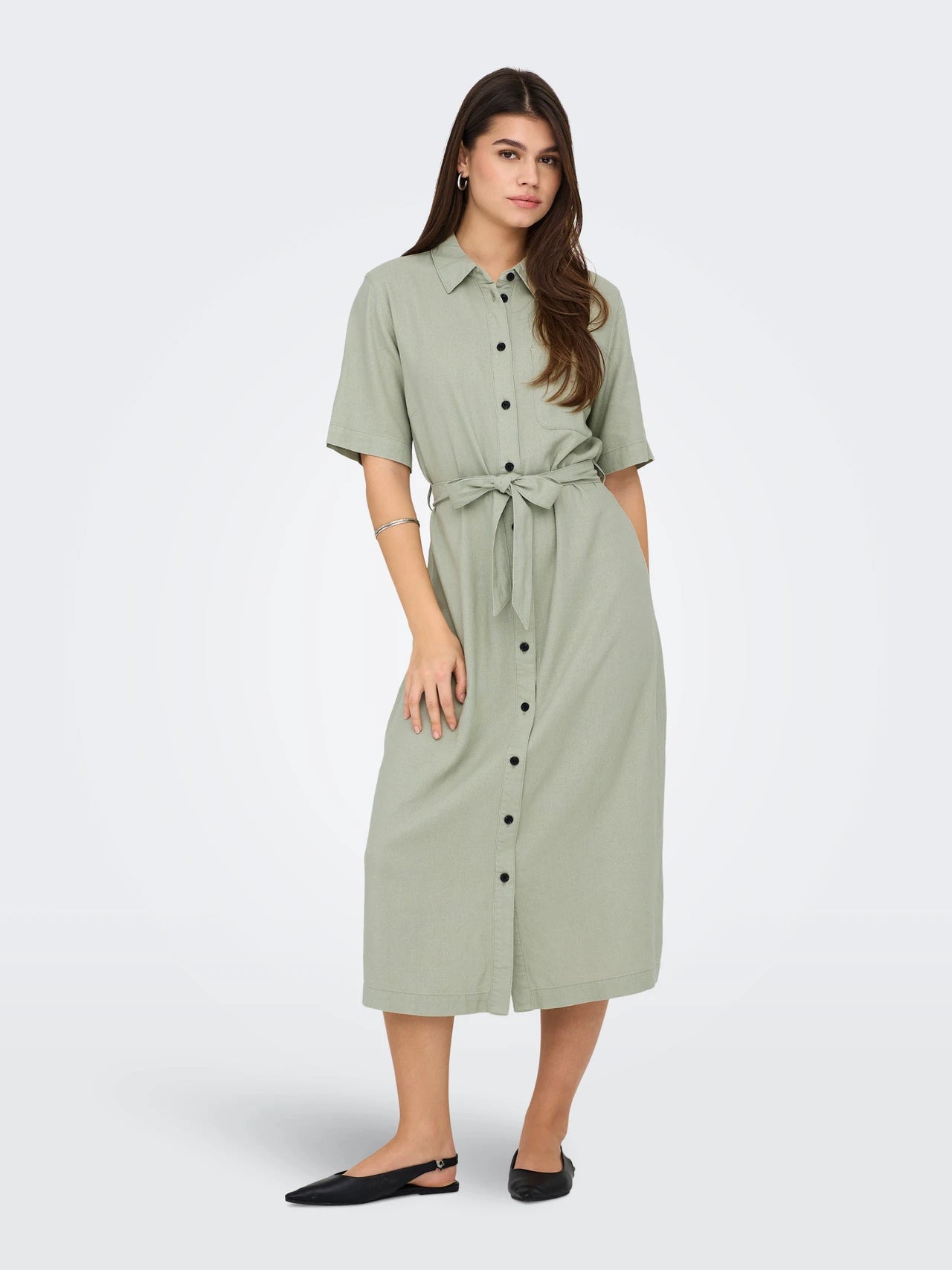 Brenda - Dames bloesjurk met knoopsluiting en tailleceintuur – viscose/linnen – Lente / Zomer