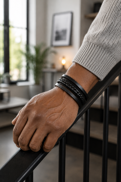 Melicio – Meerlaagse herenarmband van PU-leer – Gevlochten design – Alle seizoenen