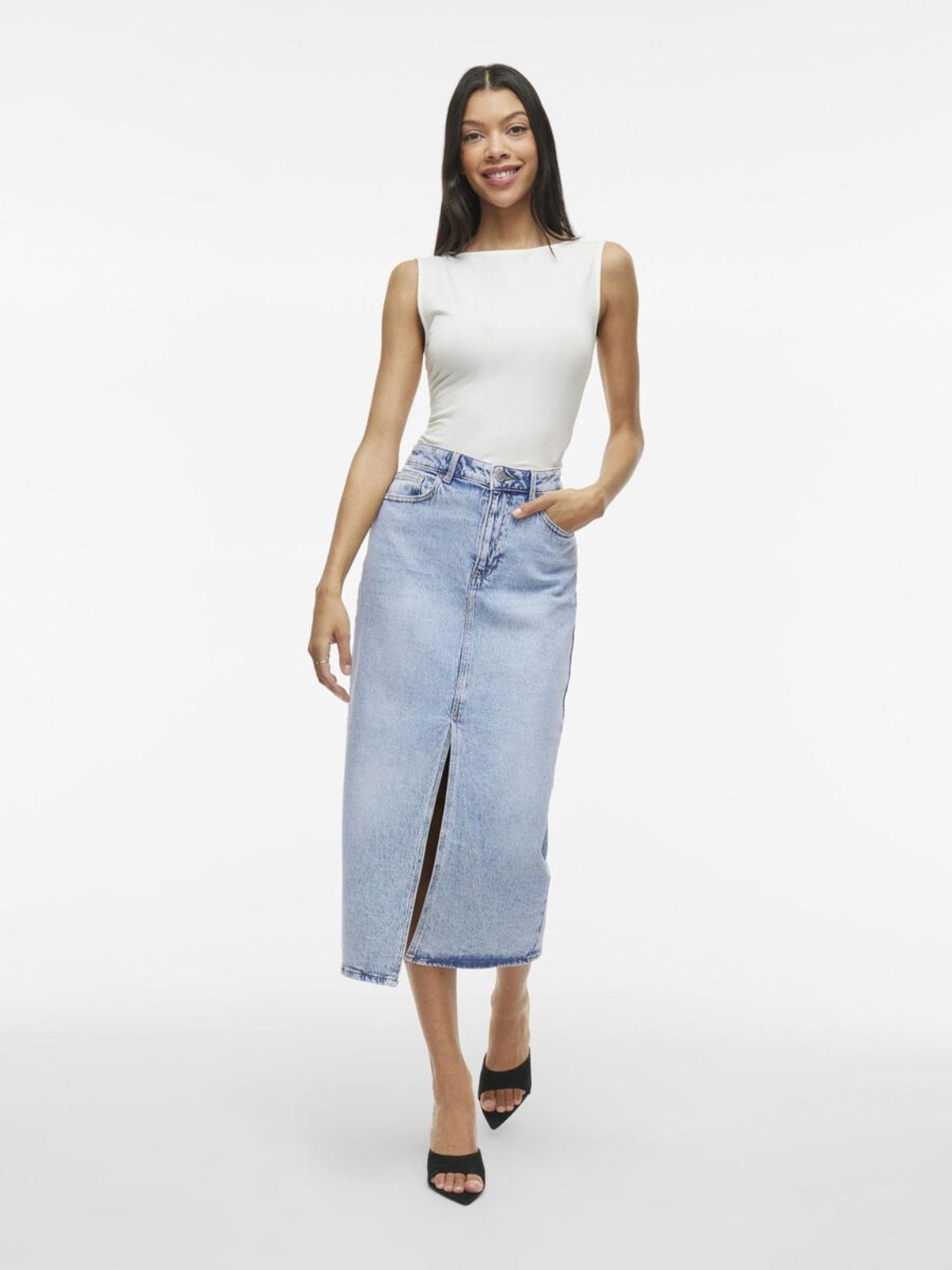 Dories - Dames denim midi-rok met split – Katoenmix – Lente / Zomer / Herfst