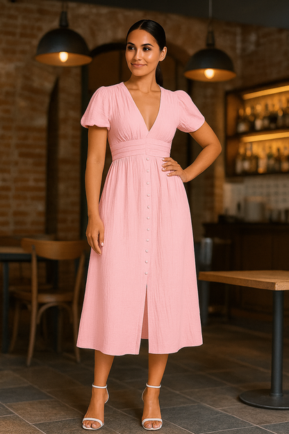 Macarena – Dames Maxi-Jurk met Knoopsluiting - Polymix - Lente / Zomer