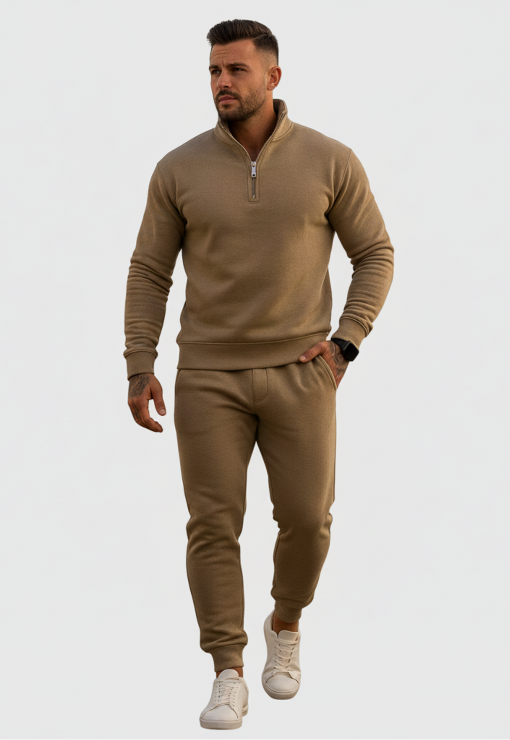 Bruno – Heren joggingpak – Polymix – Halve rits - Bijpassende broek – Lente / Herfst