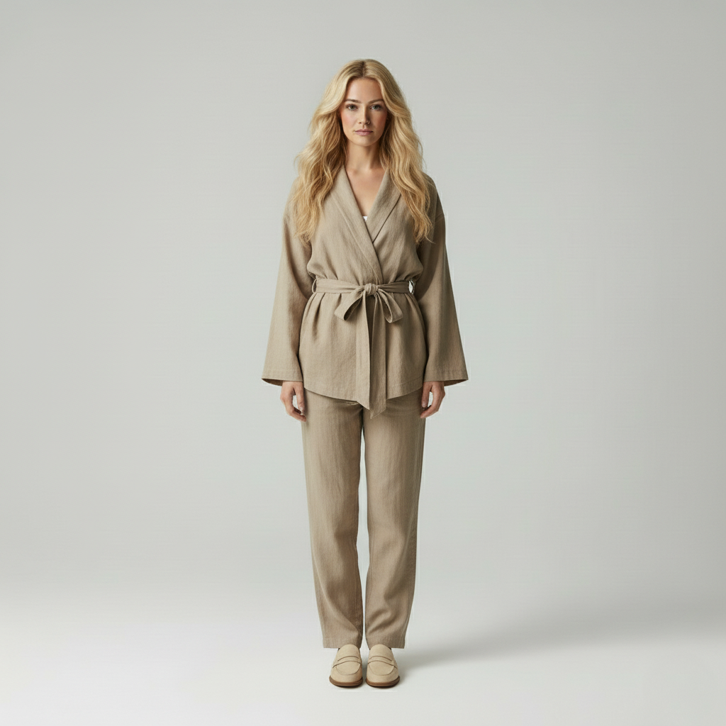 Jacinta – Dames tweedelig outfit met wikkelblouse en wijde broek – Polymix – Herfst / Winter