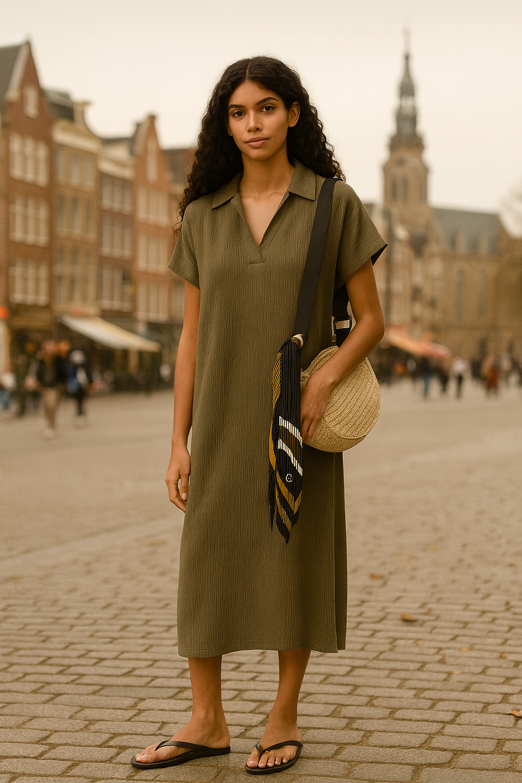 Avelina – Jurk voor dames met army spreidkraag en V-hals – Polyester – Lente / Zomer