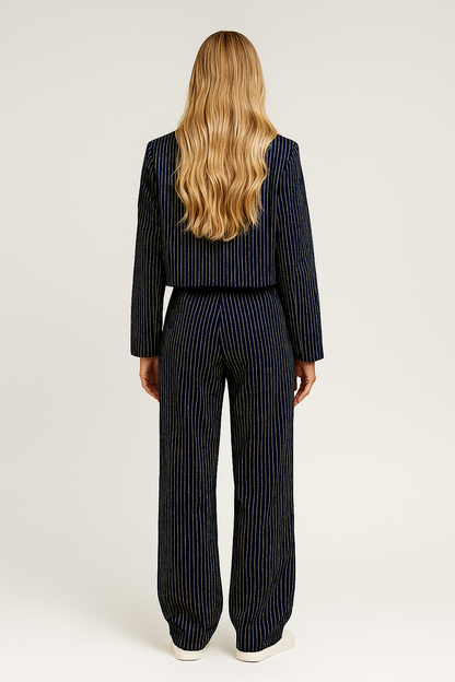 Ixchel – Dames Pinstripe Pak – Tweedelig (Cropped Blazer + Wijde Pantalon) - Polyester - Alle Seizoenen