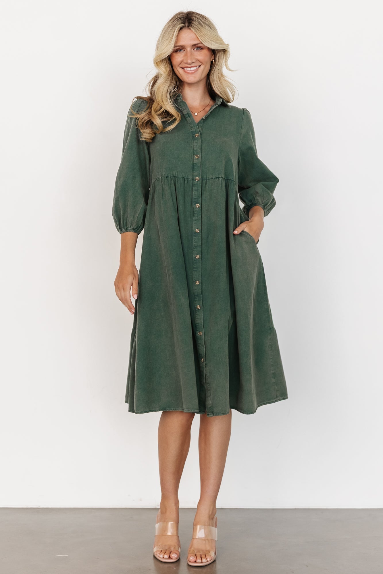 Annie - midi-jurk met knoopsluiting aan de voorkant en lange mouwen - Katoen - Lente / Zomer