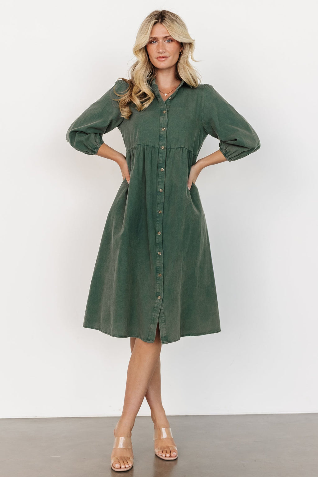 Annie - midi-jurk met knoopsluiting aan de voorkant en lange mouwen - Katoen - Lente / Zomer