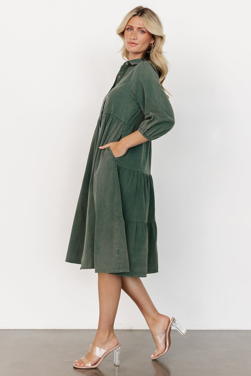 Annie - midi-jurk met knoopsluiting aan de voorkant en lange mouwen - Katoen - Lente / Zomer