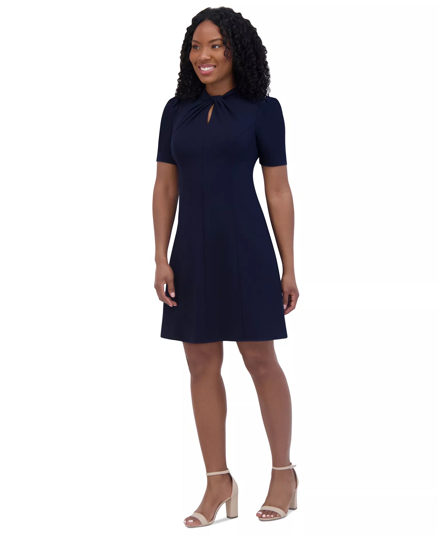 Whitney - Dames petite jurk met gedraaide halslijn en korte mouwen - Polyester mix- Lente / Zomer