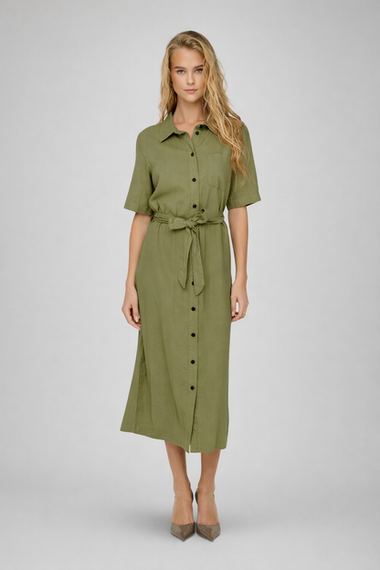 Brenda - Dames bloesjurk met knoopsluiting en tailleceintuur – viscose/linnen – Lente / Zomer