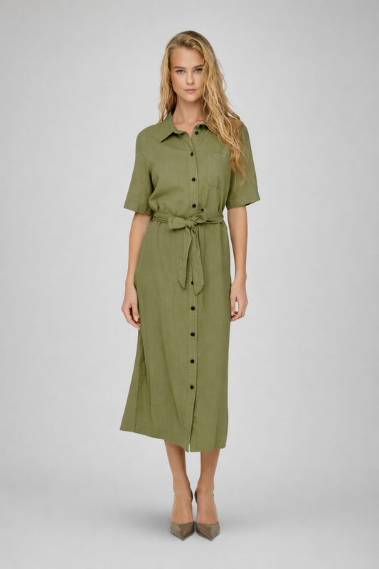 Brenda - Dames bloesjurk met knoopsluiting en tailleceintuur – viscose/linnen – Lente / Zomer