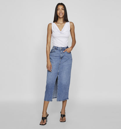 Dories - Dames denim midi-rok met split – Katoenmix – Lente / Zomer / Herfst