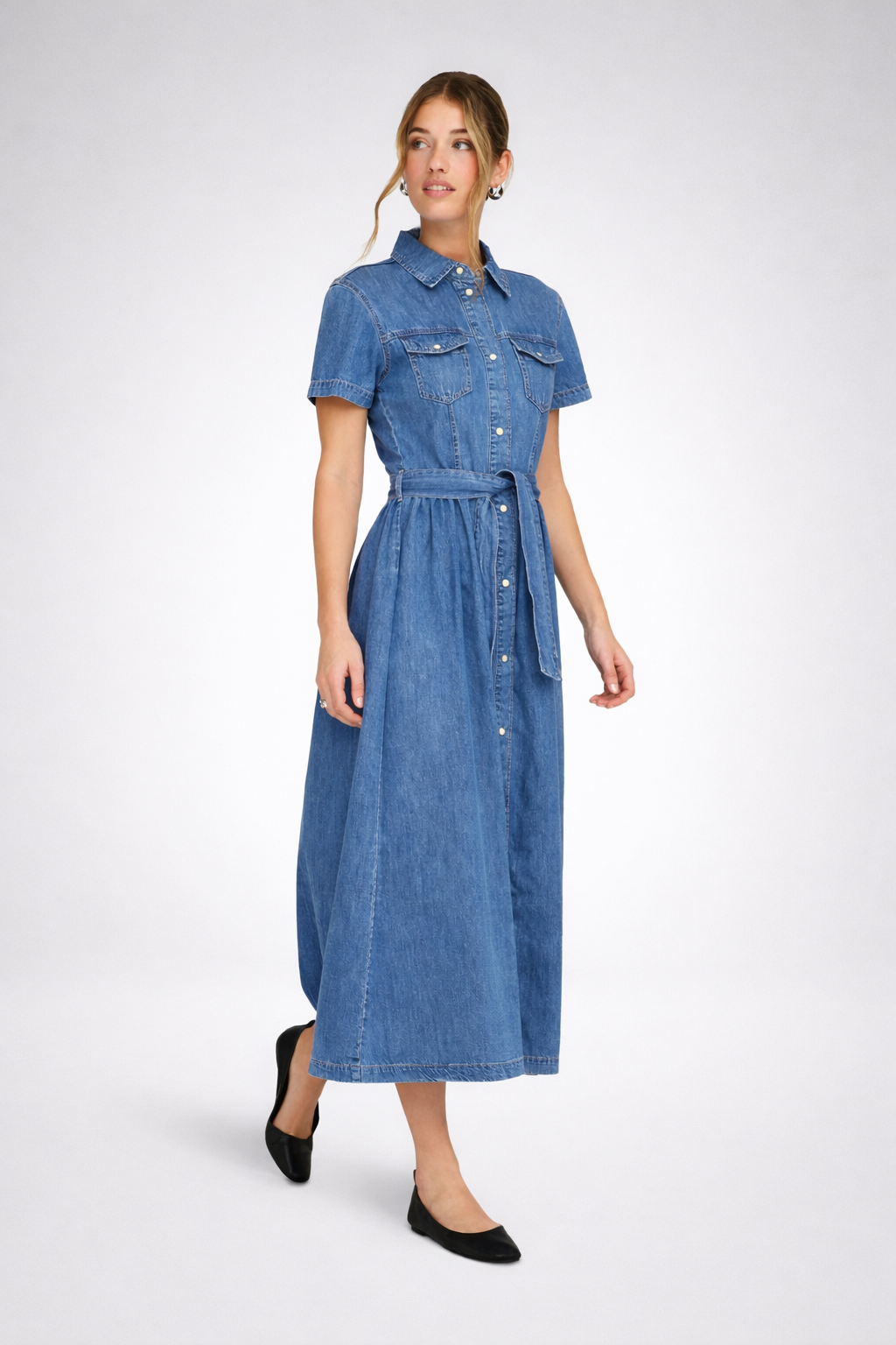 Reeva - Dames denim blousejurk met ceintuur – Katoen – Lente / Zomer
