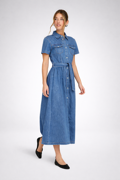 Reeva - Dames denim blousejurk met ceintuur – Katoen – Lente / Zomer
