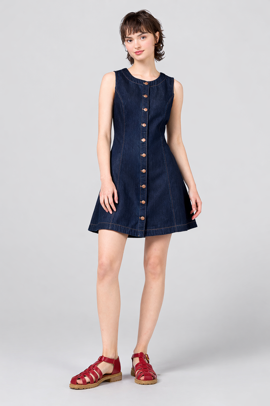 Berrio – Dames denim pinafore mini-jurk met knopen – Katoen – Lente / Zomer