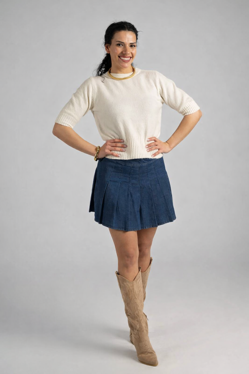 Berindina - Dames geplooide denim minirok - Lente / Zomer