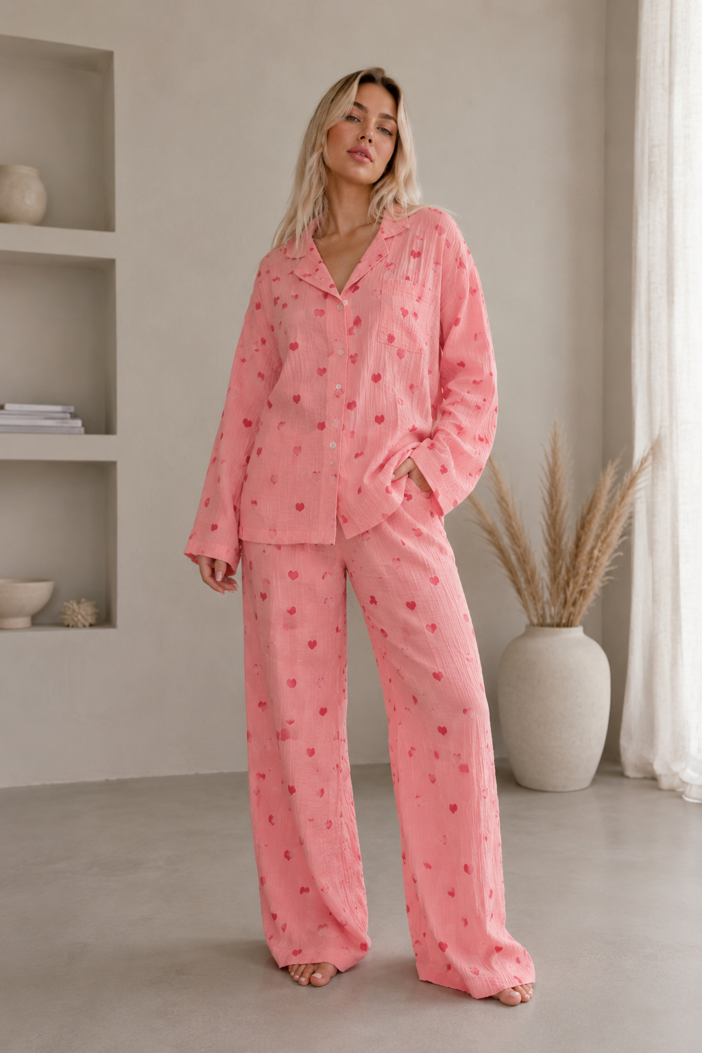 Pilary – Dames pyjamaset met hartjesprint – Tweedelig – Lente / Zomer
