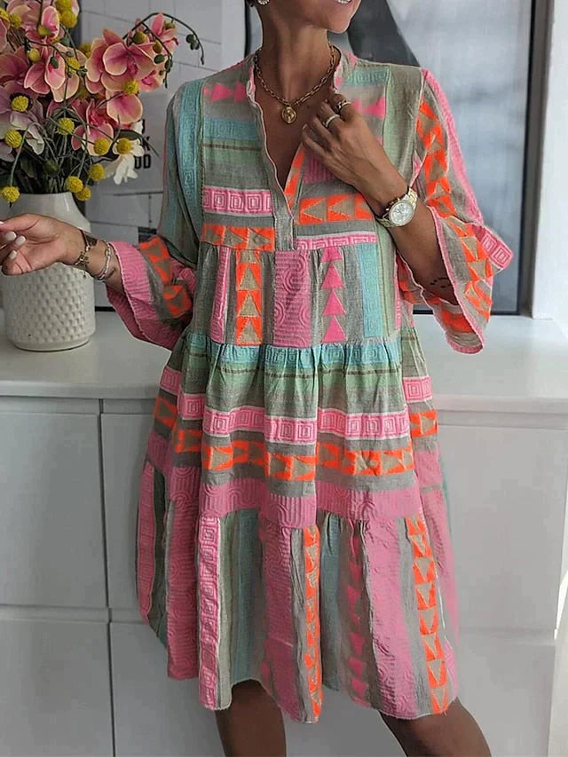 Damita – Dames Midi Jurk – Kleurrijke Print – Halflange Pofmouwen – Lente / Zomer