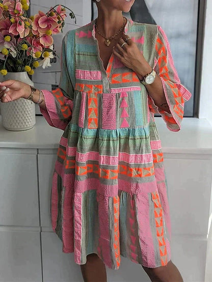 Damita – Dames Midi Jurk – Kleurrijke Print – Halflange Pofmouwen – Lente / Zomer