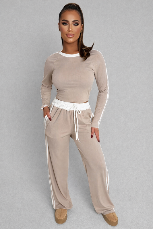 Bridget – Dames geribbelde loungewear set met zijstreep – Polyester – Alle seizoenen