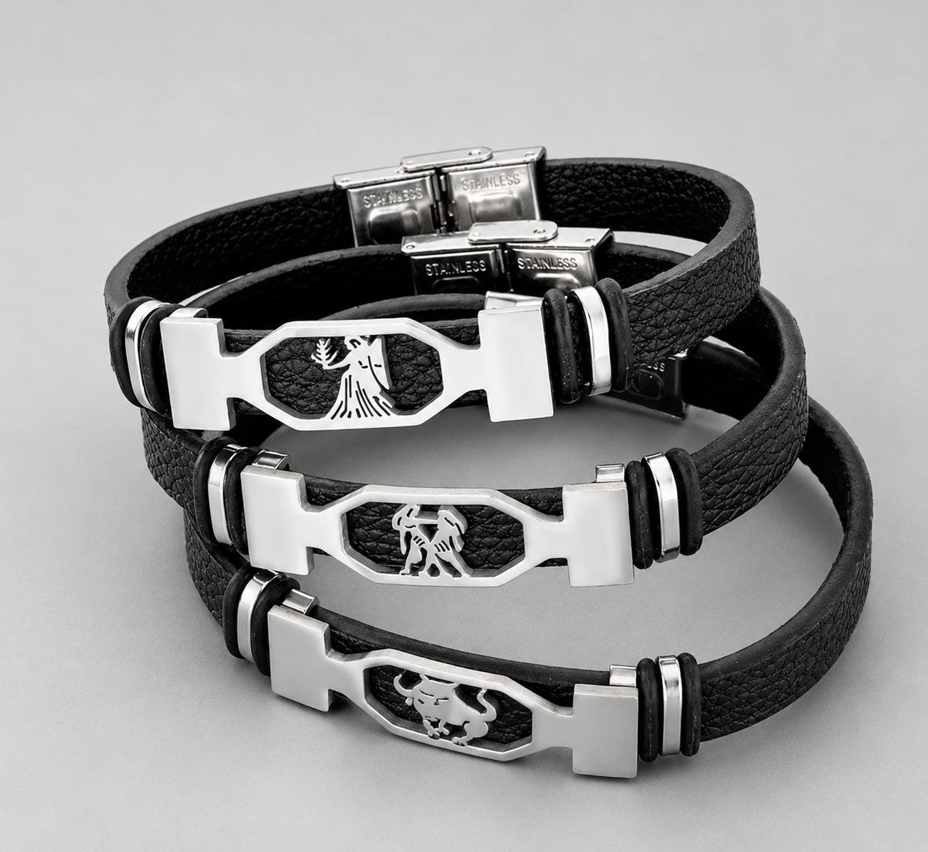 Kosmo – 12 Sterrenbeelden Heren Armband – PU Leer & RVS – Zelf Verstelbaar