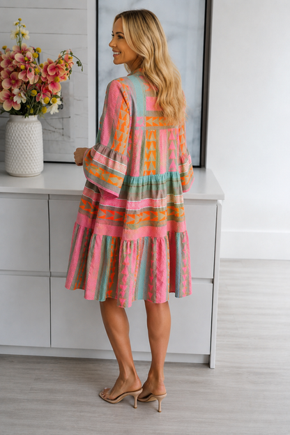 Damita – Dames Midi Jurk – Kleurrijke Print – Halflange Pofmouwen – Lente / Zomer