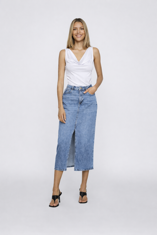 Dories - Dames denim midi-rok met split – Katoenmix – Lente / Zomer / Herfst