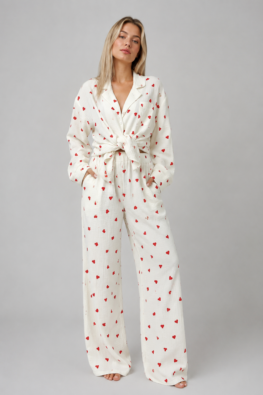 Pilary – Dames pyjamaset met hartjesprint – Tweedelig – Lente / Zomer