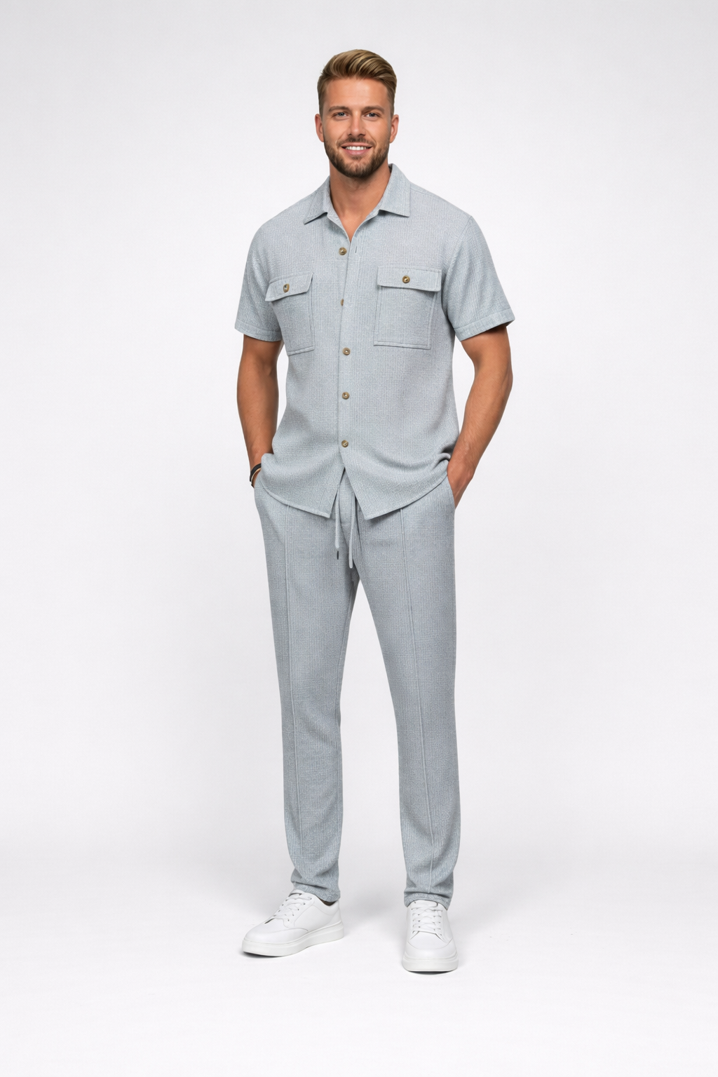 Jochem – Heren set – Wafelgebreid shirt en broek – Katoenmix – Lente / Zomer