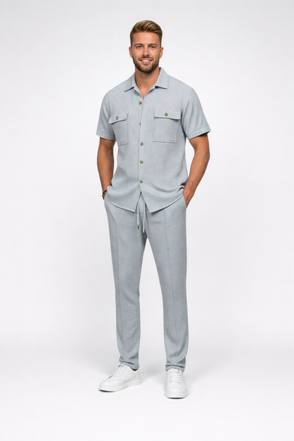 Jochem – Heren set – Wafelgebreid shirt en broek – Katoenmix – Lente / Zomer