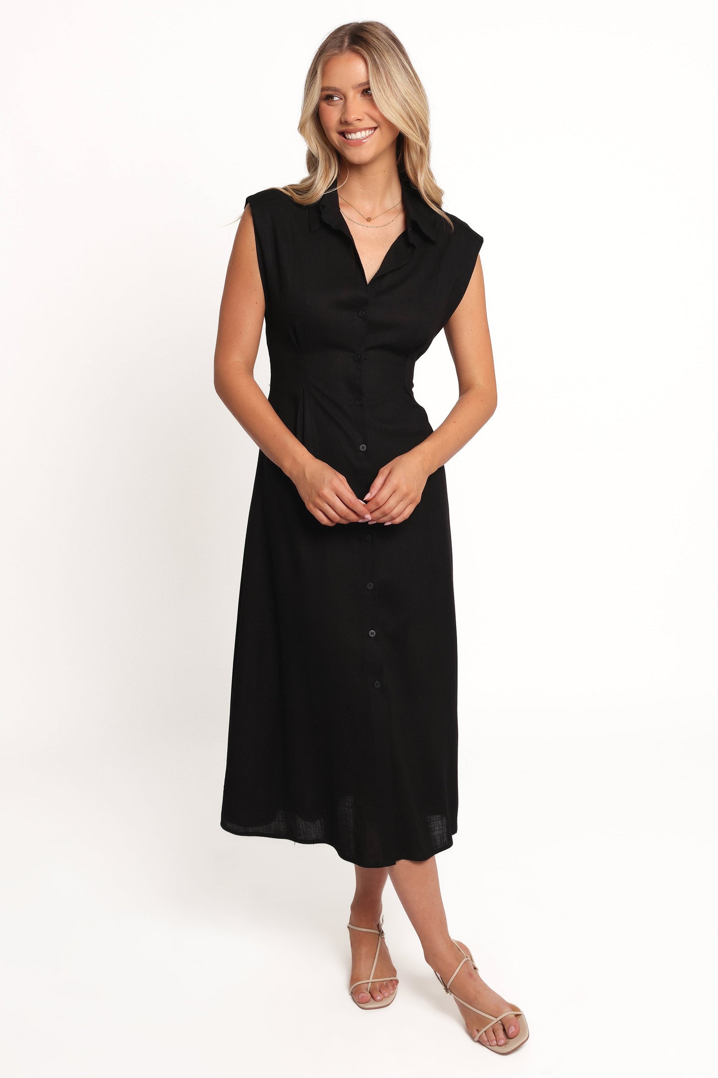 Melanie -  Mouwloze midi jurk voor dames met knoopsluiting - Linnenmix - Lente / Zomer