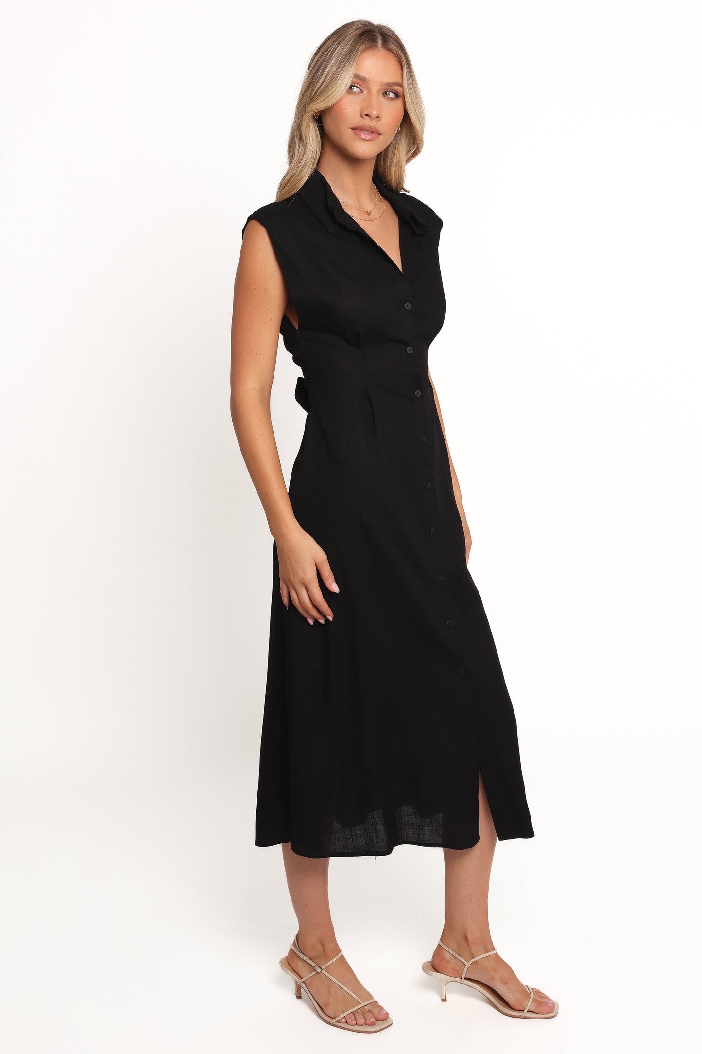 Melanie -  Mouwloze midi jurk voor dames met knoopsluiting - Linnenmix - Lente / Zomer
