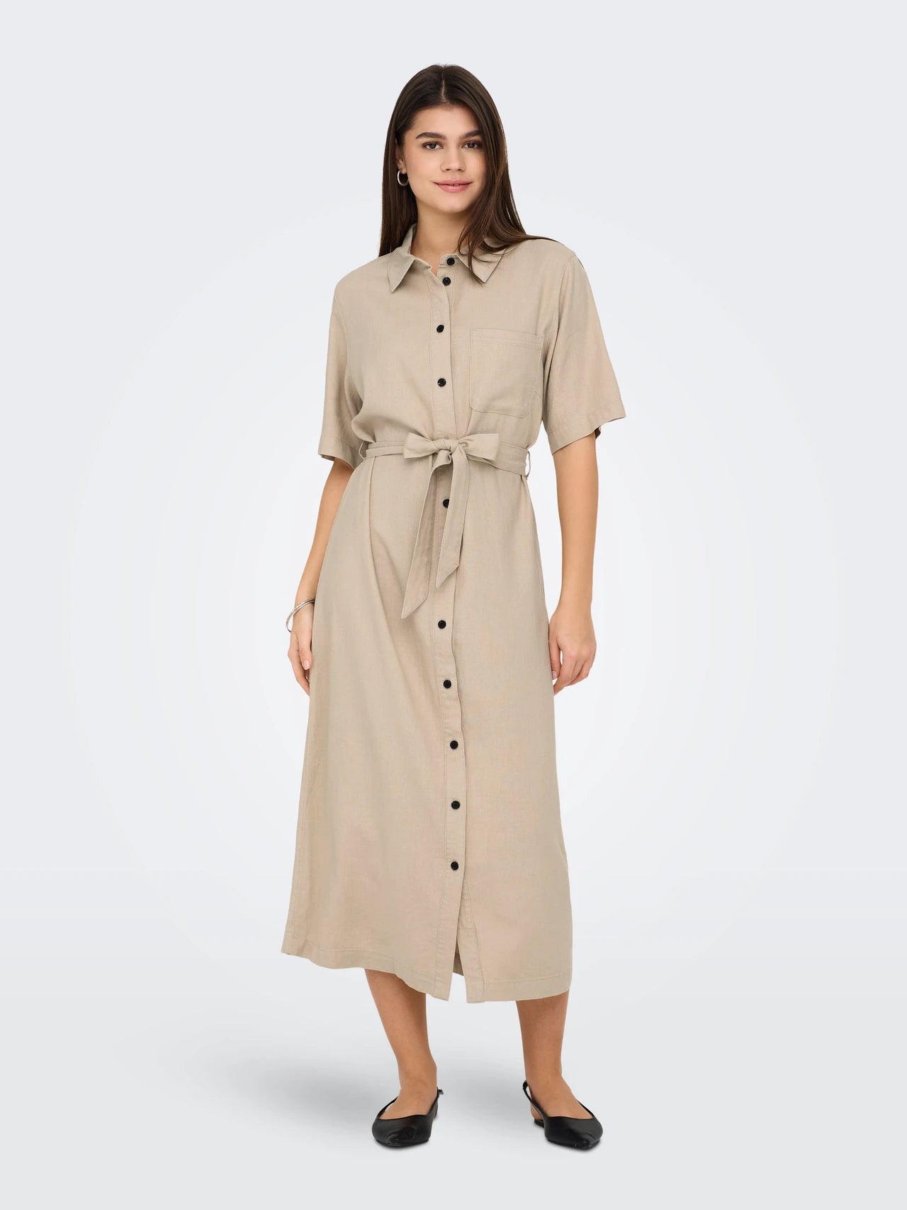 Brenda - Dames bloesjurk met knoopsluiting en tailleceintuur – viscose/linnen – Lente / Zomer
