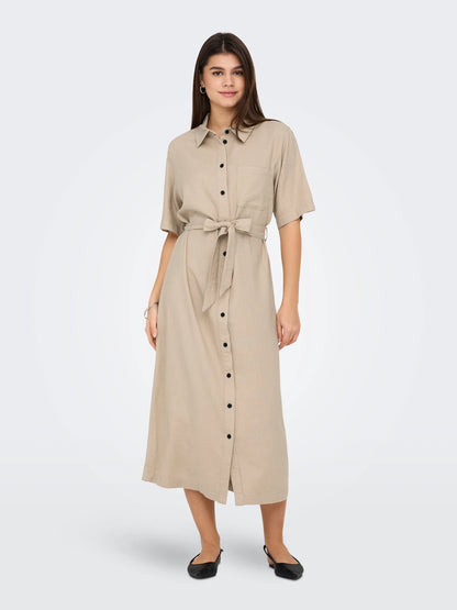 Brenda - Dames bloesjurk met knoopsluiting en tailleceintuur – viscose/linnen – Lente / Zomer