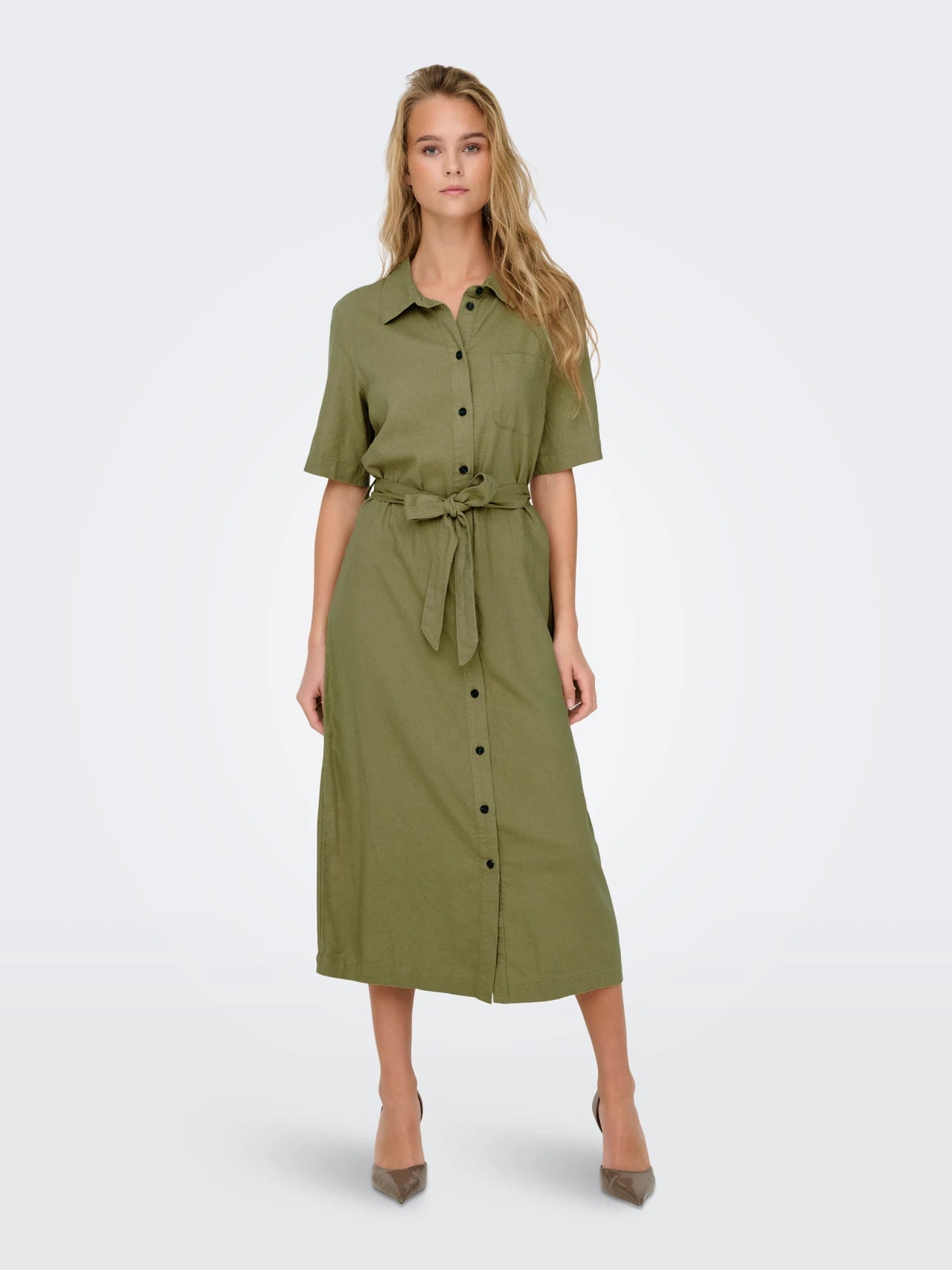 Brenda - Dames bloesjurk met knoopsluiting en tailleceintuur – viscose/linnen – Lente / Zomer