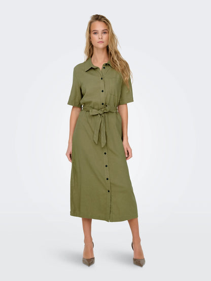 Brenda - Dames bloesjurk met knoopsluiting en tailleceintuur – viscose/linnen – Lente / Zomer