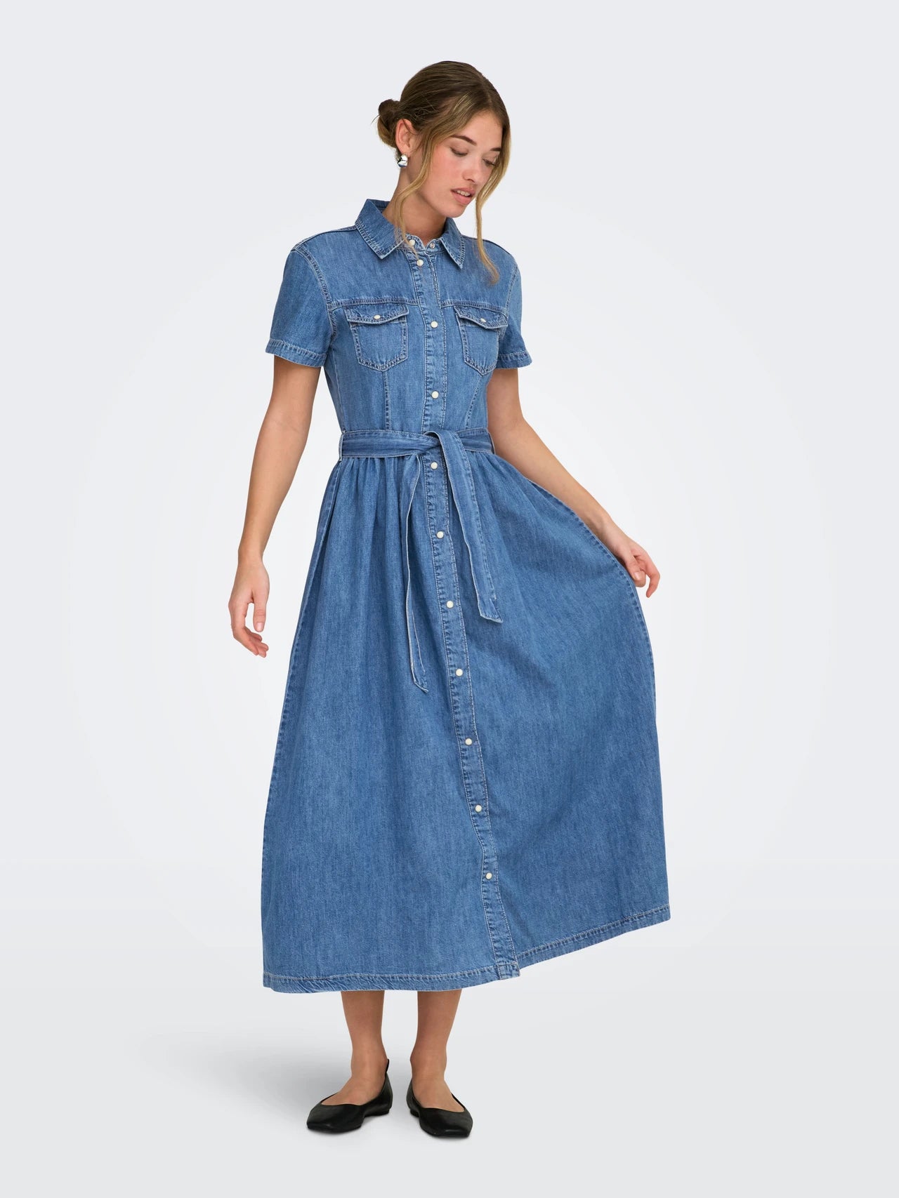 Reeva - Dames denim blousejurk met ceintuur – Katoen – Lente / Zomer