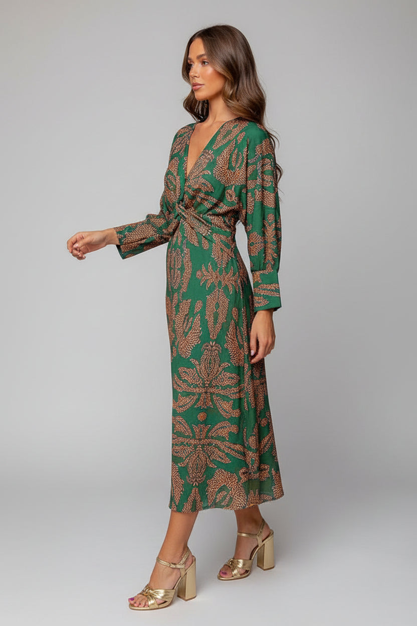 Lynn – Dames midi-jurk met V-hals, tailleknoop en artistieke print – Lente / Zomer