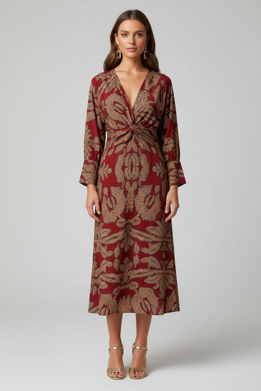 Lynn – Dames midi-jurk met V-hals, tailleknoop en artistieke print – Lente / Zomer