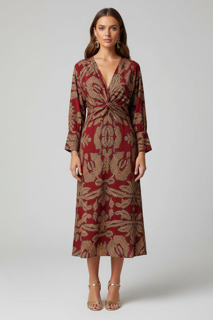 Lynn – Dames midi-jurk met V-hals, tailleknoop en artistieke print – Lente / Zomer