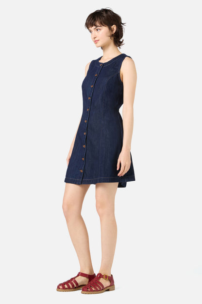 Berrio – Dames denim pinafore mini-jurk met knopen – Katoen – Lente / Zomer