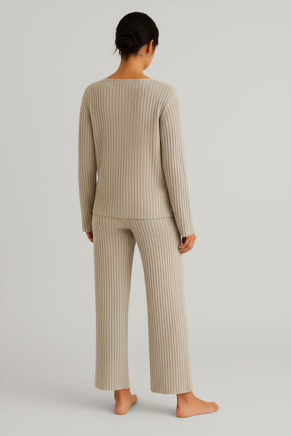 Jimena – Comfortabele tweedelige loungewear set dames – Ribstof polymix – Herfst / Lente