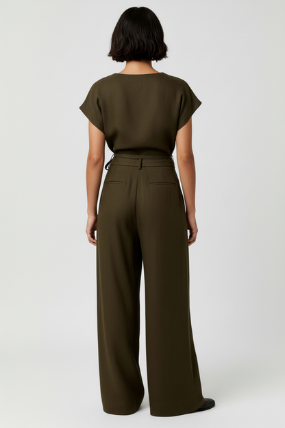 Calinda – Tweedelige dames set – Overslagtop met strik - wijde pantalon – Lente / Zomer