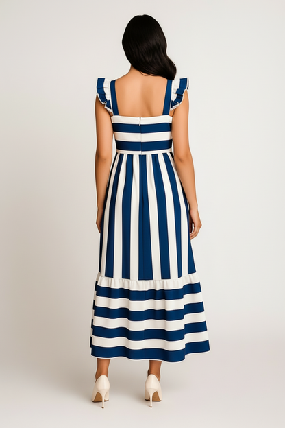 Magdalena – Elegante dames  Maxi-Jurk met Rucheschouderbandjes - Katoenmix - Lente / Zomer