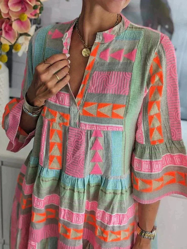 Damita – Dames Midi Jurk – Kleurrijke Print – Halflange Pofmouwen – Lente / Zomer