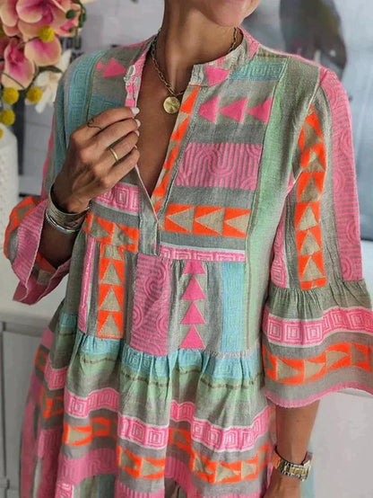 Damita – Dames Midi Jurk – Kleurrijke Print – Halflange Pofmouwen – Lente / Zomer