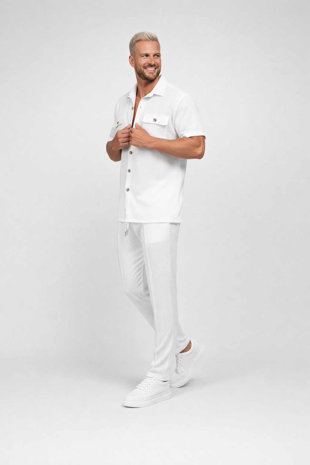 Jochem – Heren set – Wafelgebreid shirt en broek – Katoenmix – Lente / Zomer