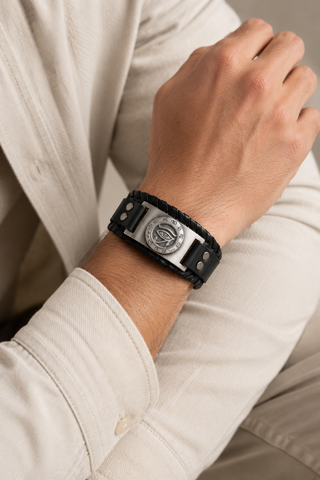 Angelo – Herenarmband met Eye of Horus – PU Leer & RVS – Alle Seizoenen